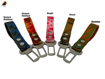 KFZ Gurtschloss Adapter mit Schlaufe aus Biothane-Motivband (Jagdhunde, Jagd, Camo)