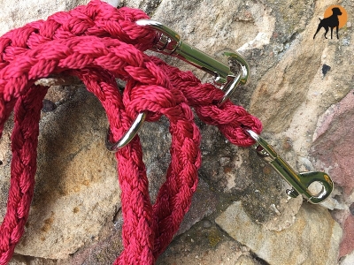 Tauwerk Doppelführleine G2, handgeflochten, 3-fach verstellbar, 12mm x 230cm, Cranberry