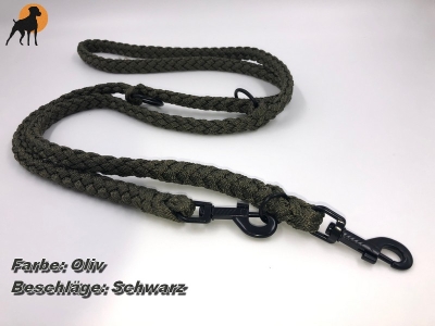Preview: Tauwerk Doppelführleine G2, handgeflochten, 3-fach verstellbar, 12mm x 230cm, Oliv