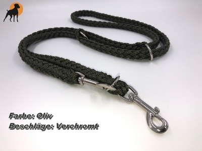 Preview: Tauwerk Doppelführleine G2, handgeflochten, 3-fach verstellbar, 12mm x 230cm, Oliv