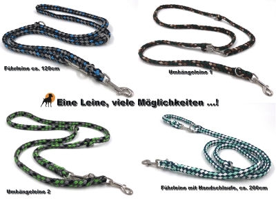 Tauwerk Doppelführleine G2, handgeflochten, 3-fach verstellbar, 12mm x 230cm, Petrol