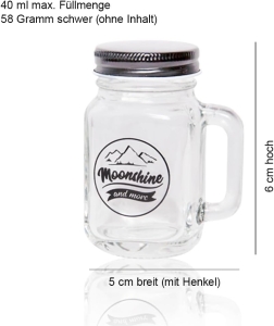 Mini Moonshine Mason Jar Trinkglas mit Drehverschluss und Haltegriff, 40ml