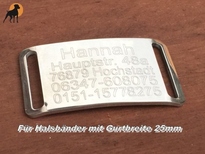 Halsband Gravurplatte aus Edelstahl für Bänder bis 25mm, inkl. Wunschgravur