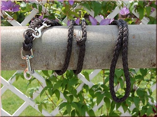 Tauwerk Doppelführleine G2, handgeflochten, 3-fach verstellbar, 12mm x 230cm, Mokka