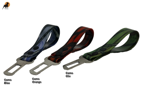 KFZ Gurtschloss Adapter mit Schlaufe aus Biothane-Motivband (Jagdhunde, Jagd, Camo)