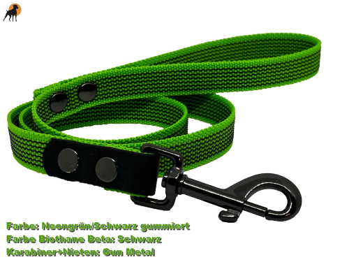 HWP Führleine gummiert 20mm, Karabinerhaken Gun Metal, Handschlaufe wählbar