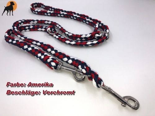 Tauwerk Doppelführleine G2, handgeflochten, 3-fach verstellbar, 12mm x 230cm, Amerika
