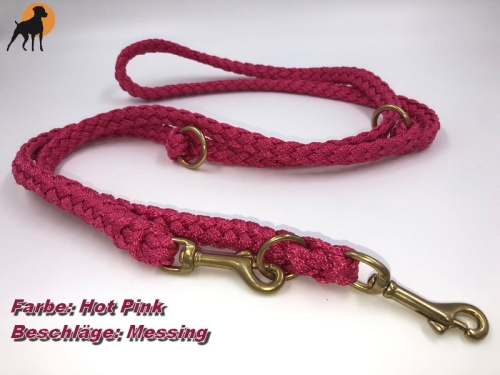 Tauwerk Doppelführleine G2, handgeflochten, 3-fach verstellbar, 12mm x 230cm, Hot Pink