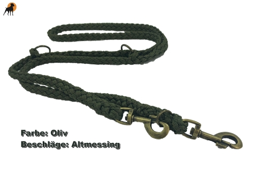 Tauwerk Doppelführleine G2, handgeflochten, 3-fach verstellbar, 12mm x 230cm, Oliv