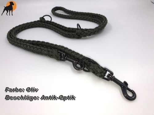Tauwerk Doppelführleine G2, handgeflochten, 3-fach verstellbar, 12mm x 230cm, Oliv