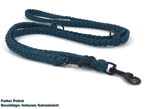 Tauwerk Doppelführleine G2, handgeflochten, 3-fach verstellbar, 12mm x 230cm, Petrol