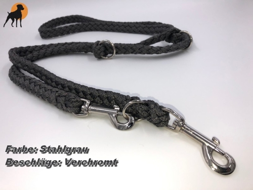 Tauwerk Doppelführleine G2, handgeflochten, 3-fach verstellbar, 12mm x 230cm, Stahlgrau