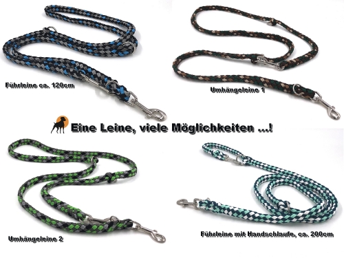 Tauwerk Doppelführleine G2, handgeflochten, 3-fach verstellbar, 12mm x 230cm, Petrol