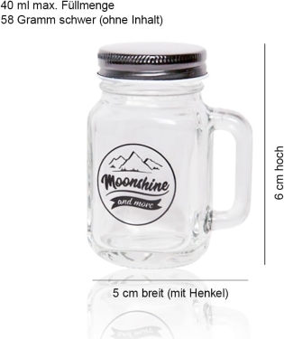 Mini Moonshine Mason Jar Trinkglas mit Drehverschluss und Haltegriff, 40ml