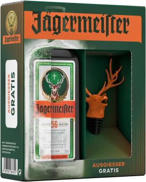 Jägermeister Geschenkset 0,7L,  mit Hirschkopf Ausgiesser orange