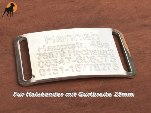 Halsband Gravurplatte aus Edelstahl für Bänder bis 25mm, inkl. Wunschgravur